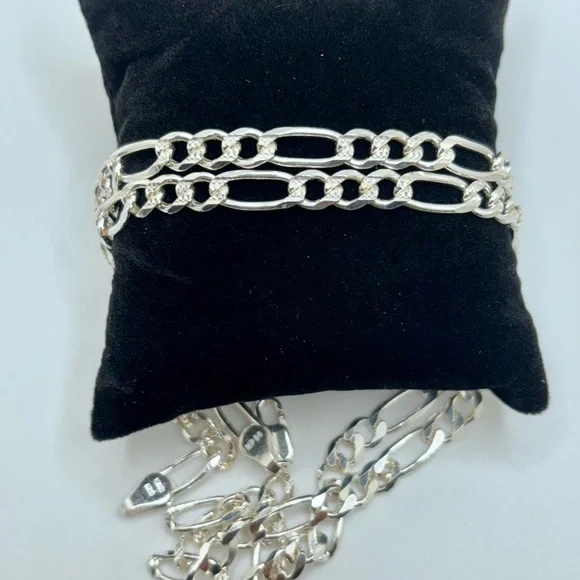 Solid 925 Silver Figaro link silver Chain for men diamond cut 24inch long